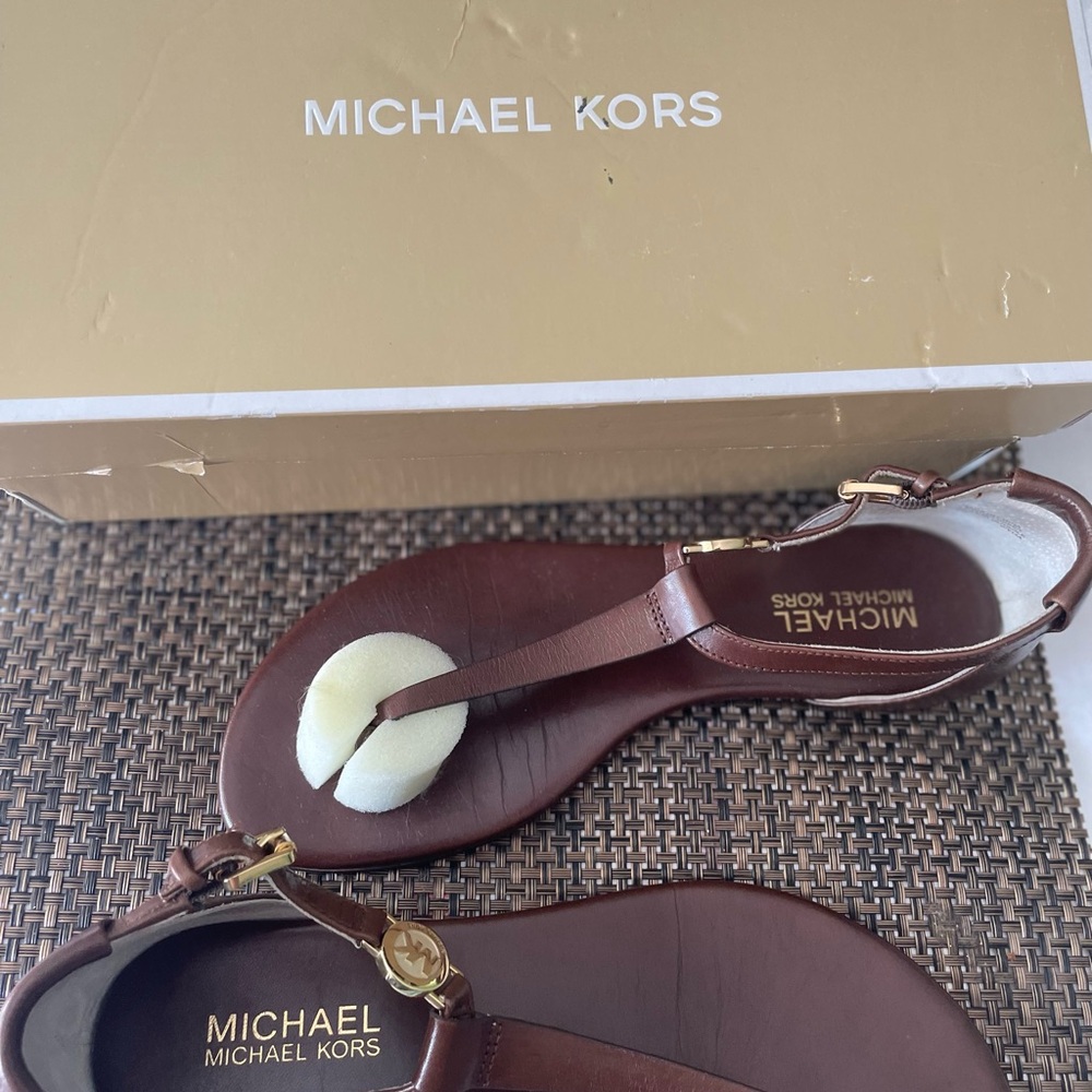 Michael Kors Brown Leather T-Strap Sandals with Gold Accents